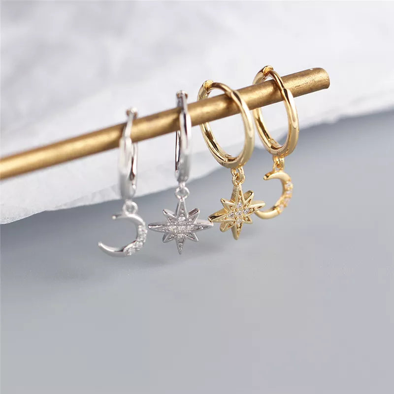 ANYCO Earrings Sterling Silver Creative Asymmetric Star Moon Ear Stud For Women Girl Fashion Stylish Rock Punk Accessories Jewelry Gifts