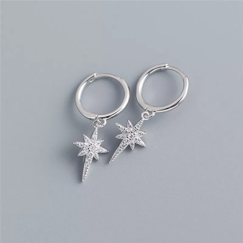 ANYCO Earrings Sterling Silver Crystal Zircon Ray Star Tassel Stud For Women Girl Fashion Stylish Rock Punk Accessories Jewelry Gifts