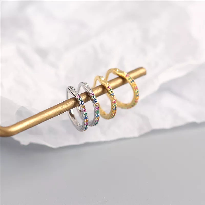 ANYCO Earrings Sterling Silver Minimalist Round Rainbow CZ Zircon Hoops Crystal Huggies For Women Girl Fashion Stylish Accessories Jewelry Gifts