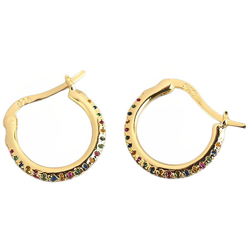 ANYCO Earrings Gold Plated Minimalist Round Rainbow CZ Zircon Hoops Crystal Huggies For Women Girl Fashion Stylish Accessories Jewelry Gifts