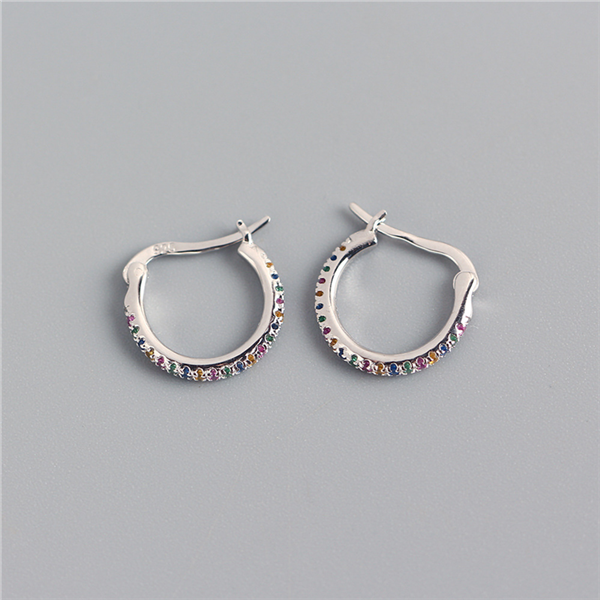 ANYCO Earrings Sterling Silver Minimalist Round Rainbow CZ Zircon Hoops Crystal Huggies For Women Girl Fashion Stylish Accessories Jewelry Gifts