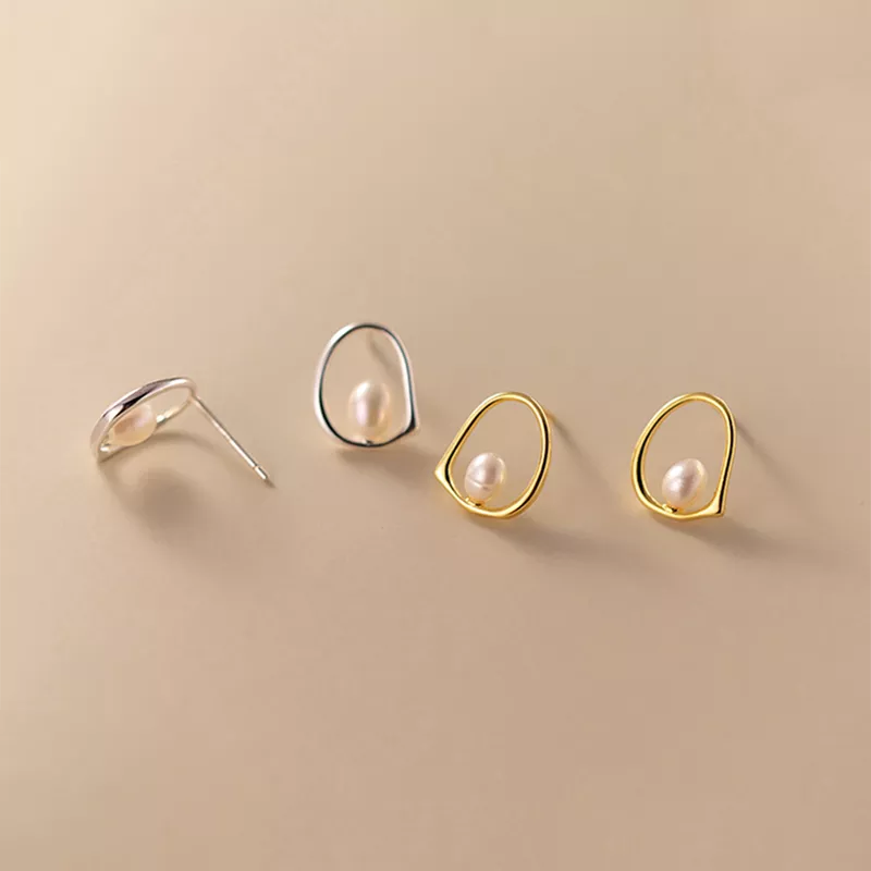 ANYCO 925 Silver Baroque Pearl Stud Earrings – Gold Hollow Design for Women