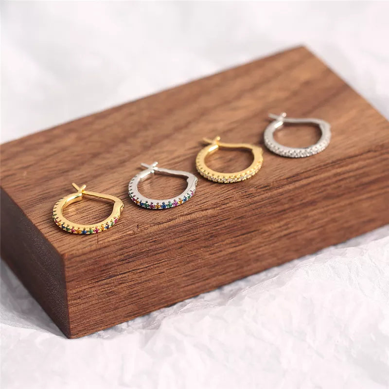 ANYCO Earrings Sterling Silver Minimalist Round Rainbow CZ Zircon Hoops Crystal Huggies For Women Girl Fashion Stylish Accessories Jewelry Gifts