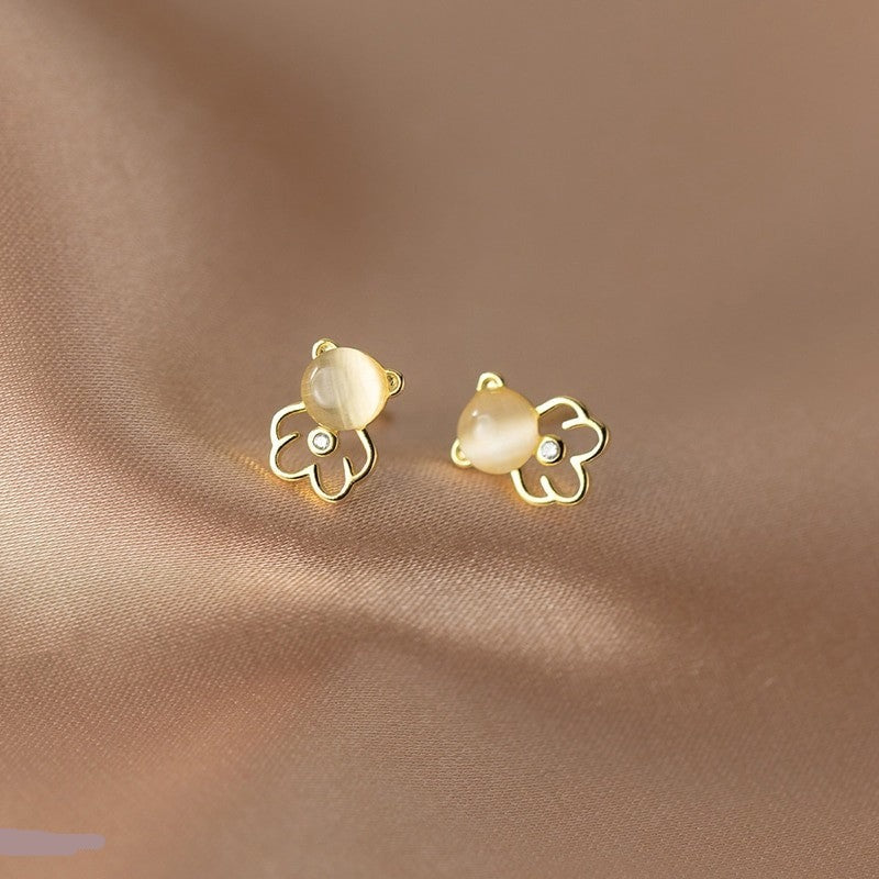 ANYCO Fashion Earrings Sterling Silver Cute Opal Hollow Bear Small Earrings for Women Fashion Hip Hop Animal Jewelry Ear Bone Accessories