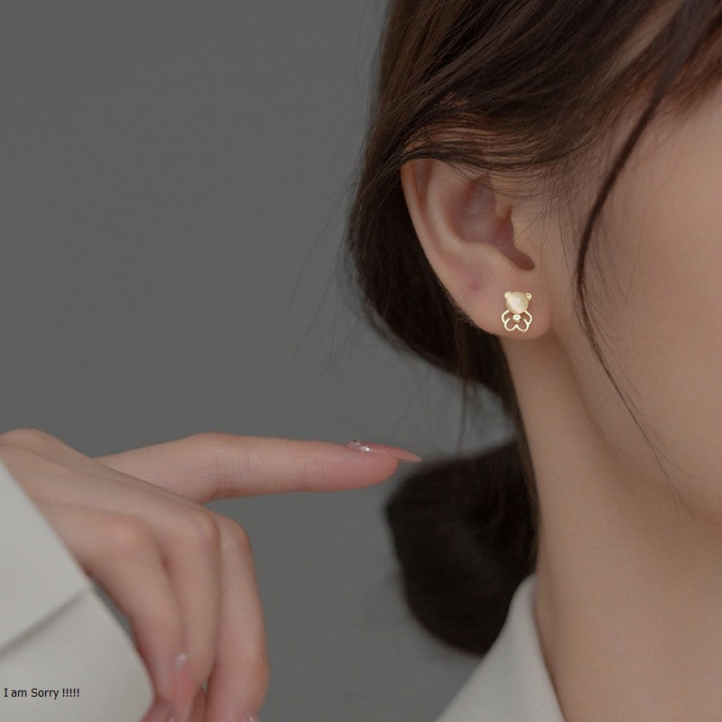 ANYCO Fashion Earrings Sterling Silver Cute Opal Hollow Bear Small Earrings for Women Fashion Hip Hop Animal Jewelry Ear Bone Accessories