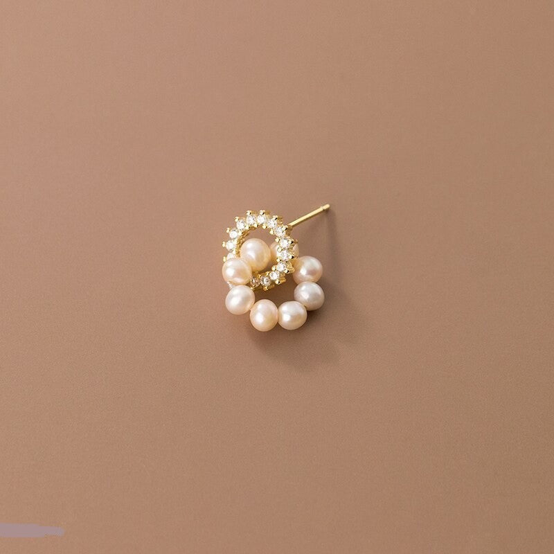ANYCO  Fashion Earrings  Sterling Silver Sweet Statement Gold Natural Baroque Pearl Stud Earrings for Women Fashion Charm Shiny Zircon Jewelry