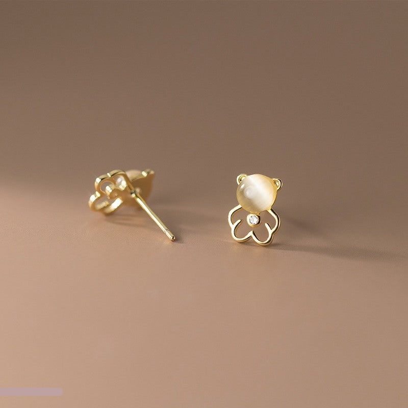 ANYCO Fashion Earrings Sterling Silver Cute Opal Hollow Bear Small Earrings for Women Fashion Hip Hop Animal Jewelry Ear Bone Accessories