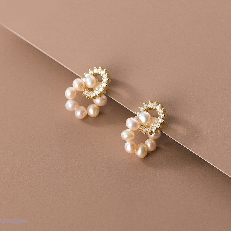 ANYCO  Fashion Earrings  Sterling Silver Sweet Statement Gold Natural Baroque Pearl Stud Earrings for Women Fashion Charm Shiny Zircon Jewelry