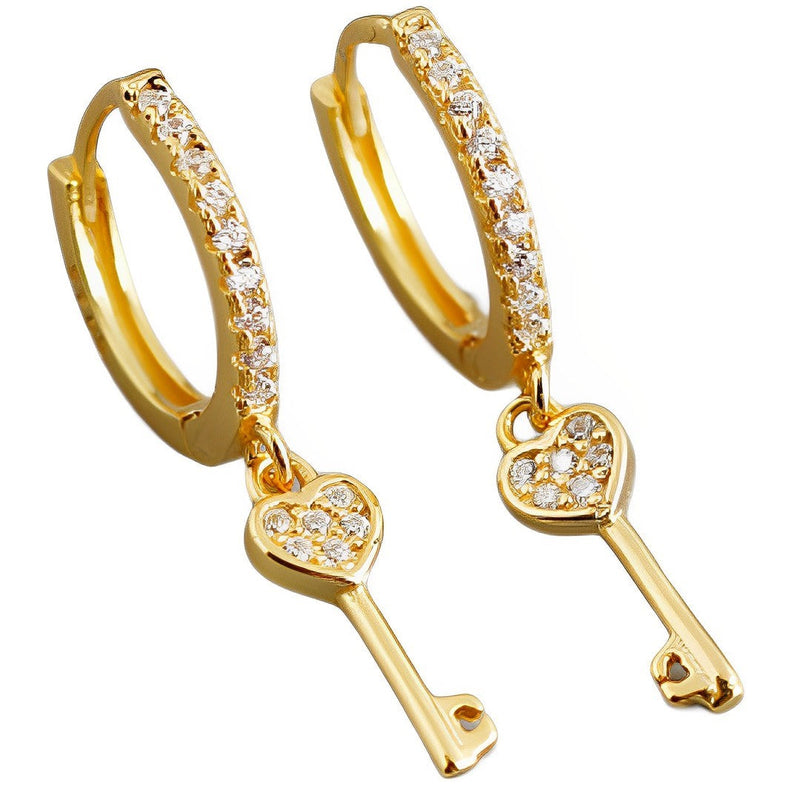 ANYCO Earrings Gold Plated Luxury Cute Simple Pave Zircon Key Stud For Women Girl Teen Fashion Stylish Rock Accessories Jewelry Gifts