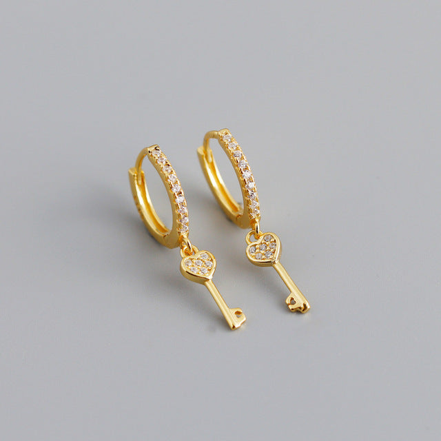 ANYCO Earrings Gold Plated Luxury Cute Simple Pave Zircon Key Stud For Women Girl Teen Fashion Stylish Rock Accessories Jewelry Gifts