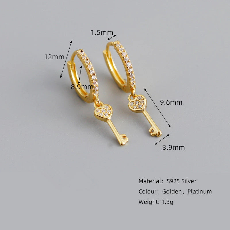 ANYCO Earrings Gold Plated Luxury Cute Simple Pave Zircon Key Stud For Women Girl Teen Fashion Stylish Rock Accessories Jewelry Gifts