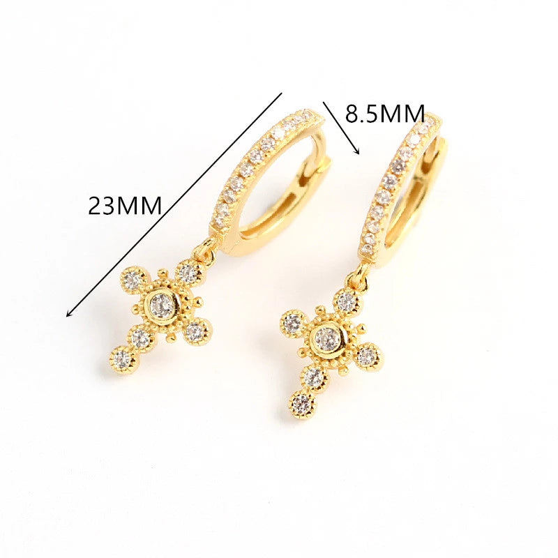 ANYCO Earrings Gold Plated Luxury Pave Crystal Zircon Ethnic Cross Gothic Stud For Women Girl Teen Fashion Stylish Accessories Jewelry Gifts