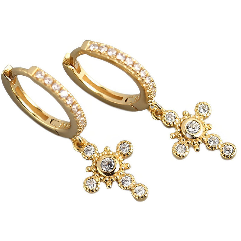 ANYCO Earrings Gold Plated Luxury Pave Crystal Zircon Ethnic Cross Gothic Stud For Women Girl Teen Fashion Stylish Accessories Jewelry Gifts