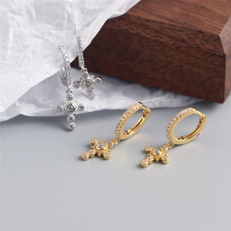 ANYCO Earrings Gold Plated Luxury Pave Crystal Zircon Ethnic Cross Gothic Stud For Women Girl Teen Fashion Stylish Accessories Jewelry Gifts