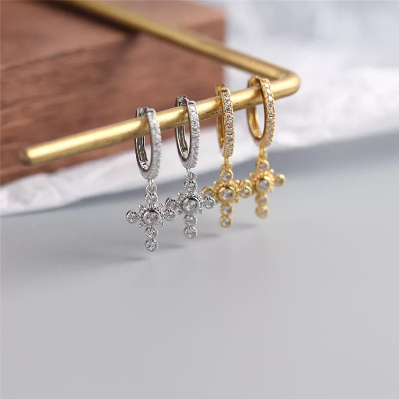 ANYCO Earrings Gold Plated Luxury Pave Crystal Zircon Ethnic Cross Gothic Stud For Women Girl Teen Fashion Stylish Accessories Jewelry Gifts