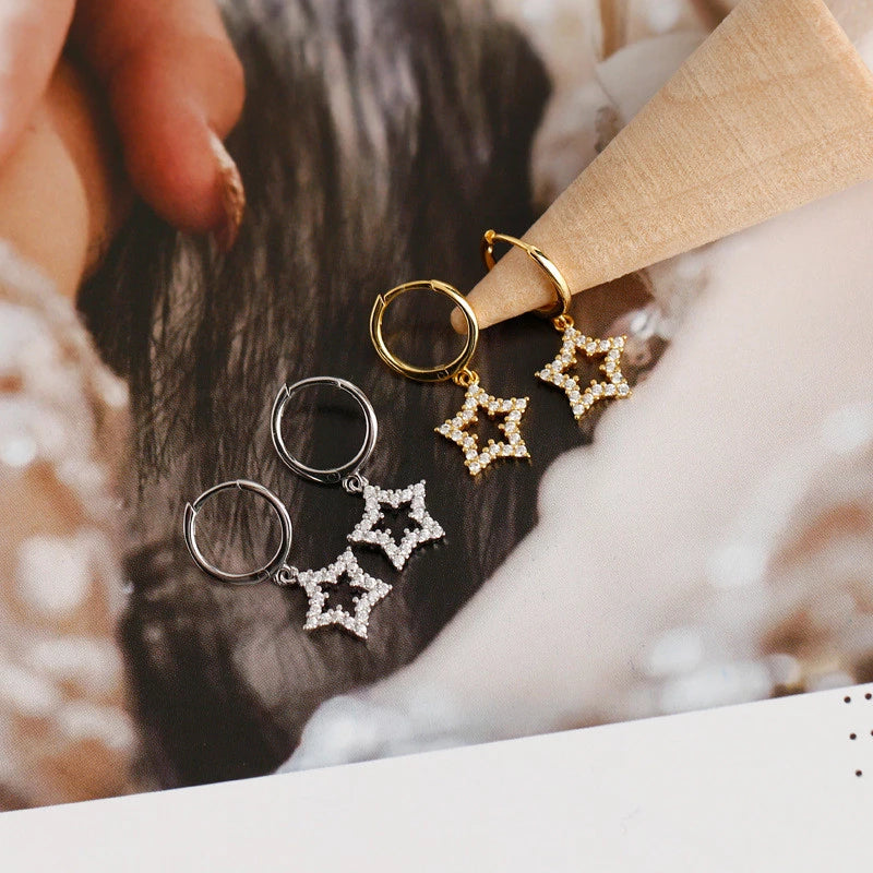 ANYCO Earrings Gold Plated Pave Crystal Zircon Hollow Star Chic For Women Teen Girl Fashion Stylish Accessories Jewelry Gifts