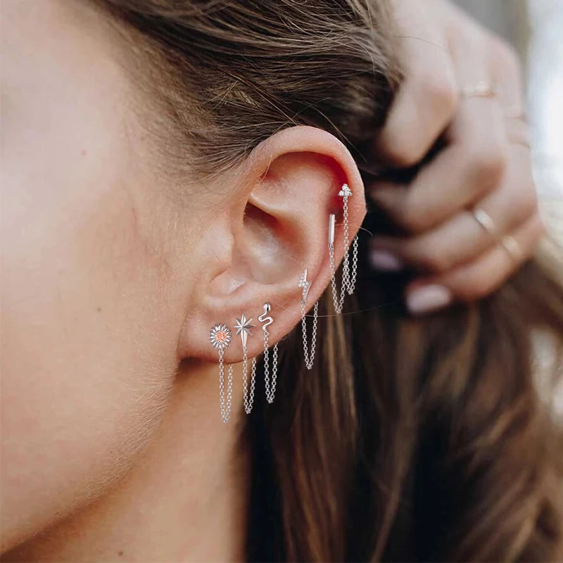 ANYCO Earrings Sterling Silver Geometric Cute Icons Tassel Ear Line Stud For Women Teen Fashion Stylish Accessories Jewelry Gifts Star