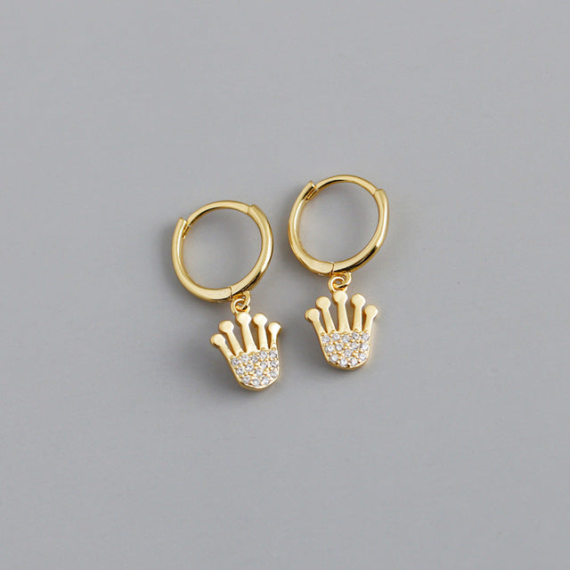 ANYCO Earrings Gold Plated Princess Crown Pave Crystal Zircon Pendant Stud For Women Girl Fashion Stylish Rock Punk Accessories Jewelry Gifts