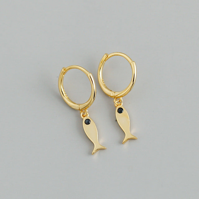 ANYCO Earrings Gold Plated Minimalist Black Zircon Fashion Chic Fish Stud  For Women Girl Fashion Stylish Rock Punk Accessories Jewelry Gifts