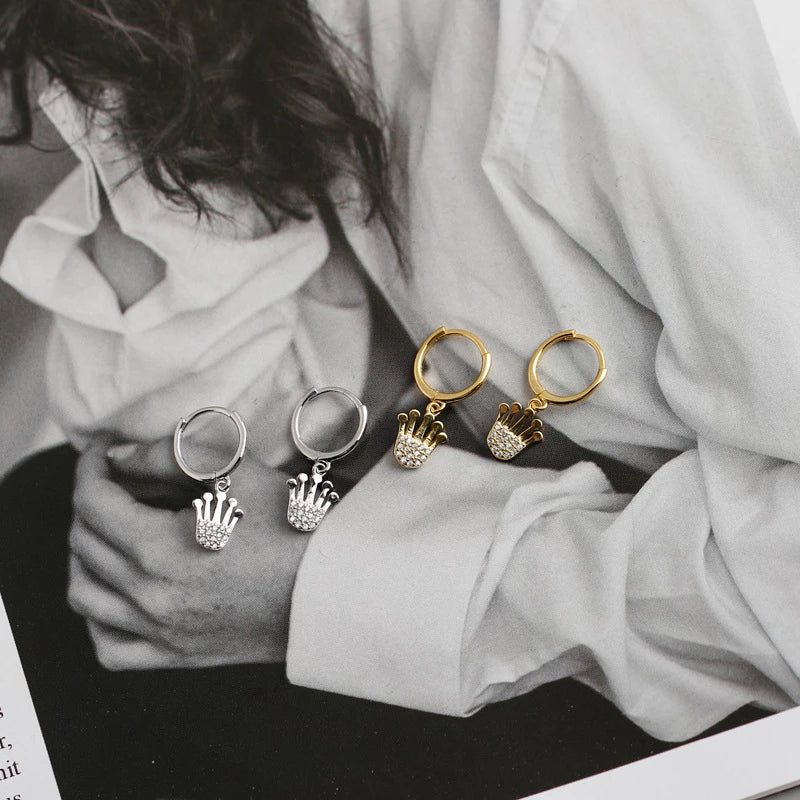 ANYCO Earrings Gold Plated Princess Crown Pave Crystal Zircon Pendant Stud For Women Girl Fashion Stylish Rock Punk Accessories Jewelry Gifts