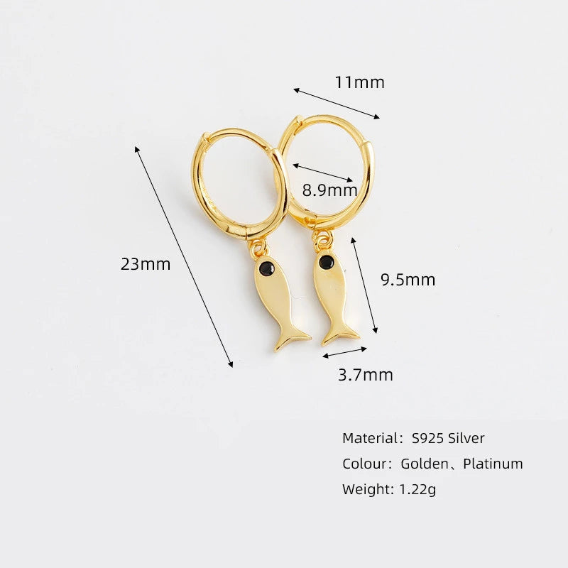 ANYCO Earrings Gold Plated Minimalist Black Zircon Fashion Chic Fish Stud  For Women Girl Fashion Stylish Rock Punk Accessories Jewelry Gifts