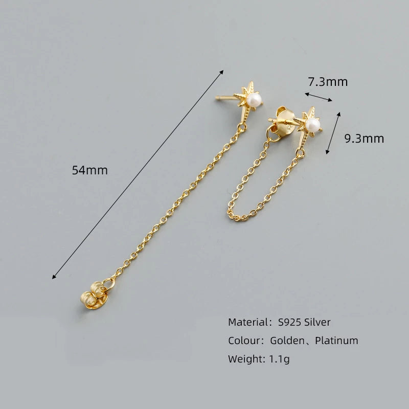 ANYCO Earrings Sterling Silver Bohemian Shining Star Pearl Tassel Stud For Women Girl Teen Fine Fashion Stylish Accessories Jewelry Gifts