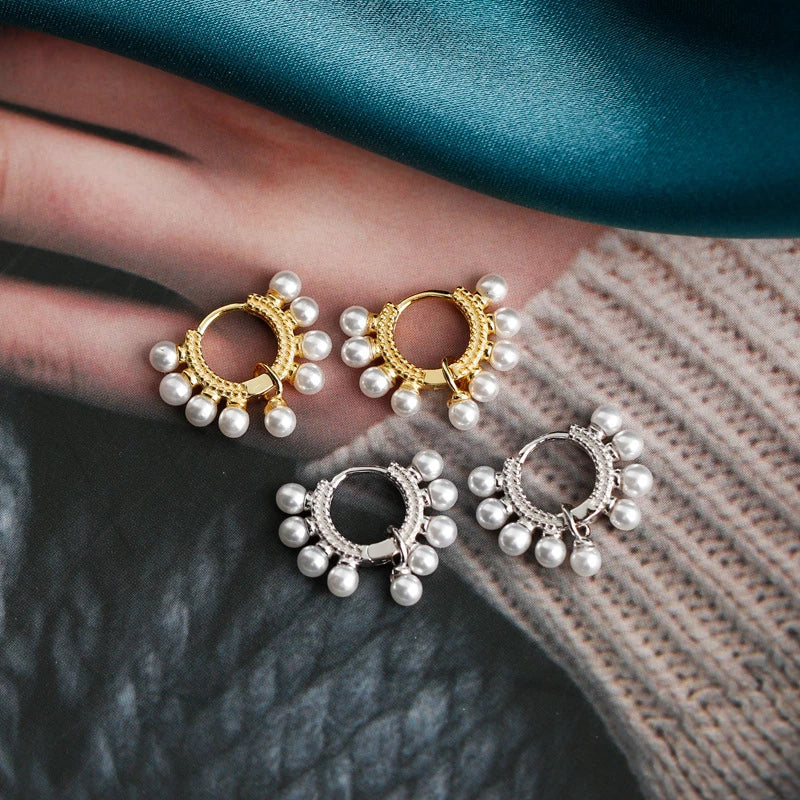 ANYCO Earrings Sterling Silver Bohemian Round Synthetic Pearl Stud For Women Girl Teen Elegant Fashion Stylish Accessories Jewelry Gifts