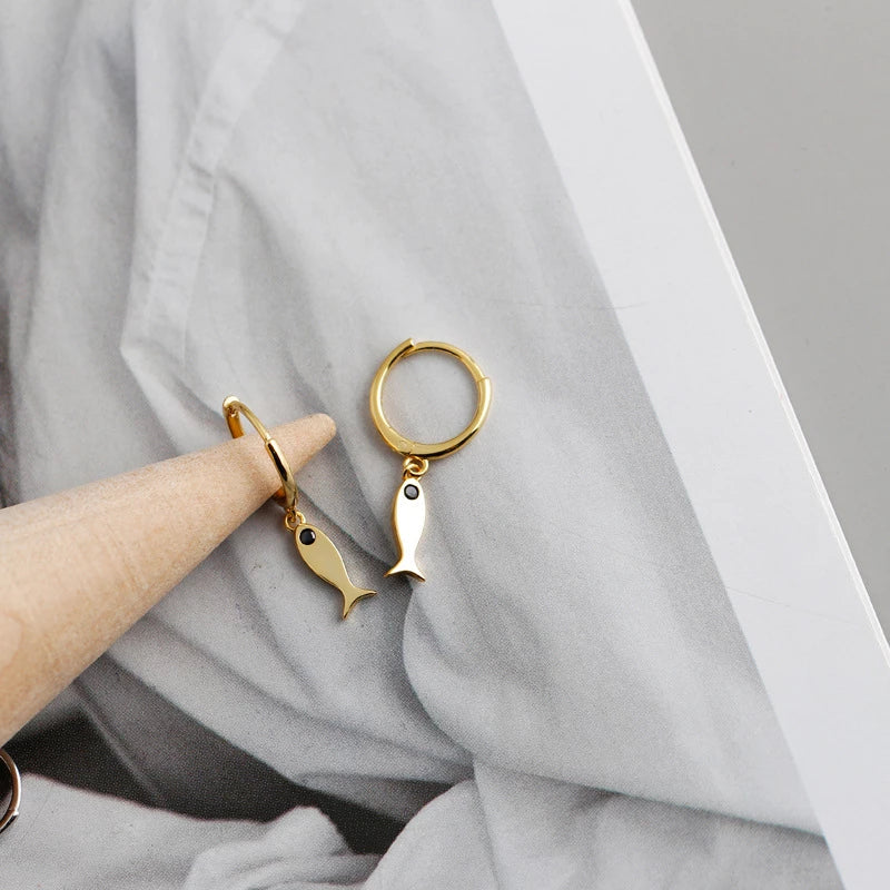 ANYCO Earrings Gold Plated Minimalist Black Zircon Fashion Chic Fish Stud  For Women Girl Fashion Stylish Rock Punk Accessories Jewelry Gifts