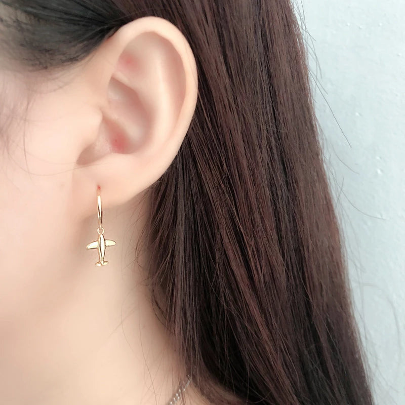 ANYCO Earrings Gold Plated Cute 3D Aircraft Airplane Hanging Stud For Women Girl Perfect Fashion Stylish Accessories Jewelry Gifts