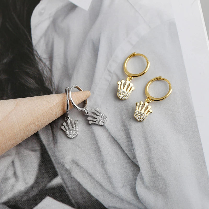 ANYCO Earrings Gold Plated Princess Crown Pave Crystal Zircon Pendant Stud For Women Girl Fashion Stylish Rock Punk Accessories Jewelry Gifts