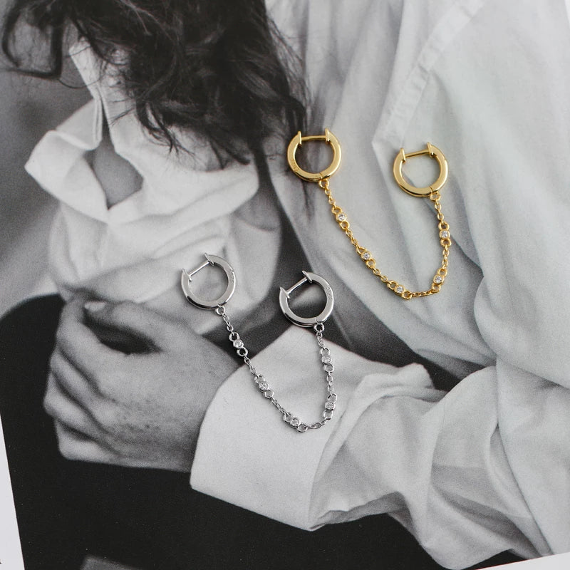 ANYCO Earrings Sterling Silver Creative Bohemian Cuban Link Chain Pave Zircon Stud For Women Girl Teen Fashion Stylish Accessories Jewelry Gifts