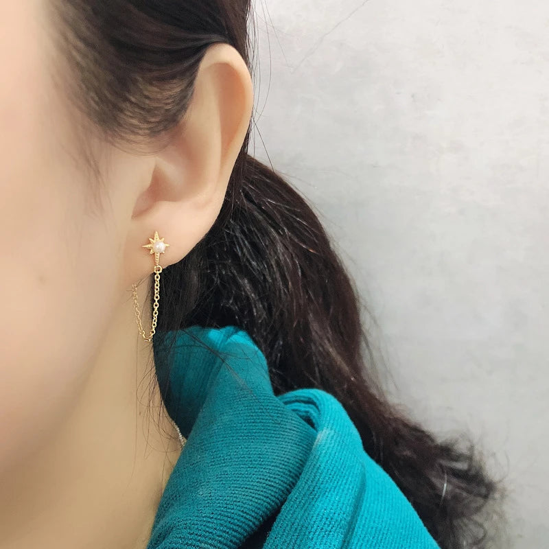 ANYCO Earrings Sterling Silver Bohemian Shining Star Pearl Tassel Stud For Women Girl Teen Fine Fashion Stylish Accessories Jewelry Gifts