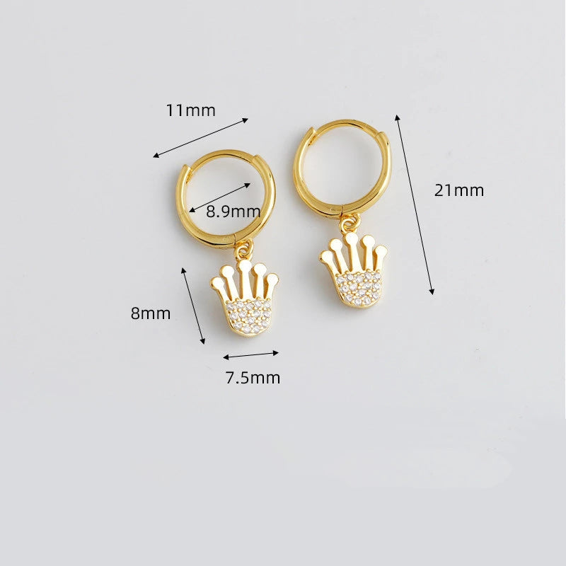 ANYCO Earrings Gold Plated Princess Crown Pave Crystal Zircon Pendant Stud For Women Girl Fashion Stylish Rock Punk Accessories Jewelry Gifts