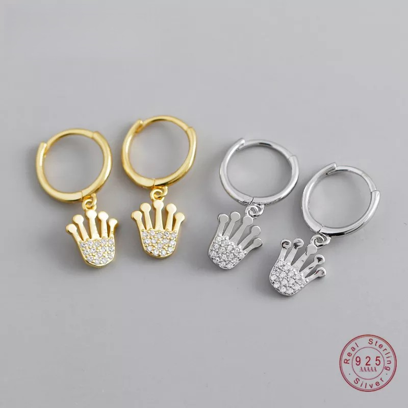 ANYCO Earrings Gold Plated Princess Crown Pave Crystal Zircon Pendant Stud For Women Girl Fashion Stylish Rock Punk Accessories Jewelry Gifts