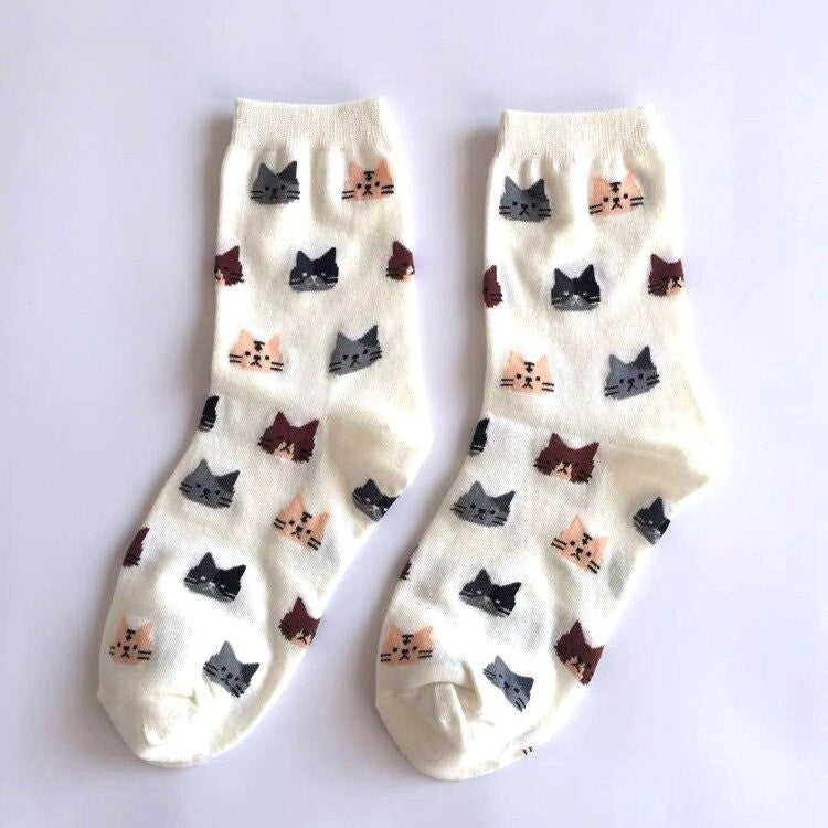 Anyfootwear 5 Pairs White Cat Size 5-9 Fashion Socks High Quality Office Sports Bussiness Long Socks Cotton Solid Colors Skateboard Knitted Casual