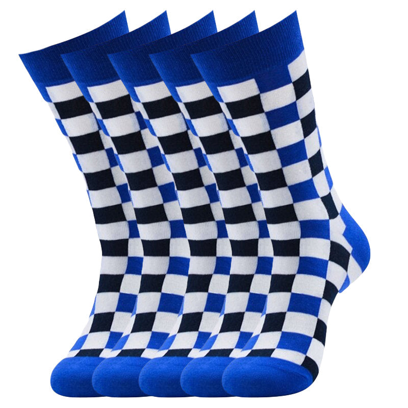 Anyfootwear 5 Pairs Size 5-14 Fashion Socks Novelty Skateboard Squares Black and White Pattern Cotton for Women Blue