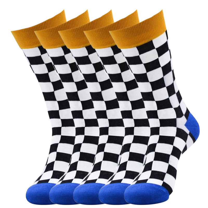 Anyfootwear 5 Pairs Size 5-14 Fashion Socks Novelty Skateboard Squares Black and White Pattern Cotton for Women Dark Blue