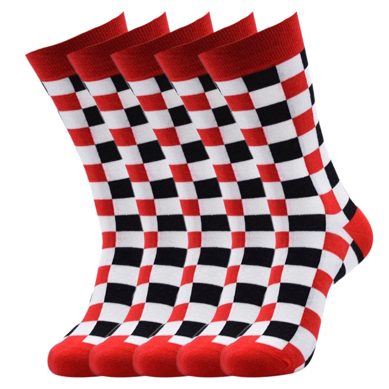 Anyfootwear 5 Pairs Size 5-14 Fashion Socks Novelty Skateboard Squares Black and White Pattern Cotton for Women Red