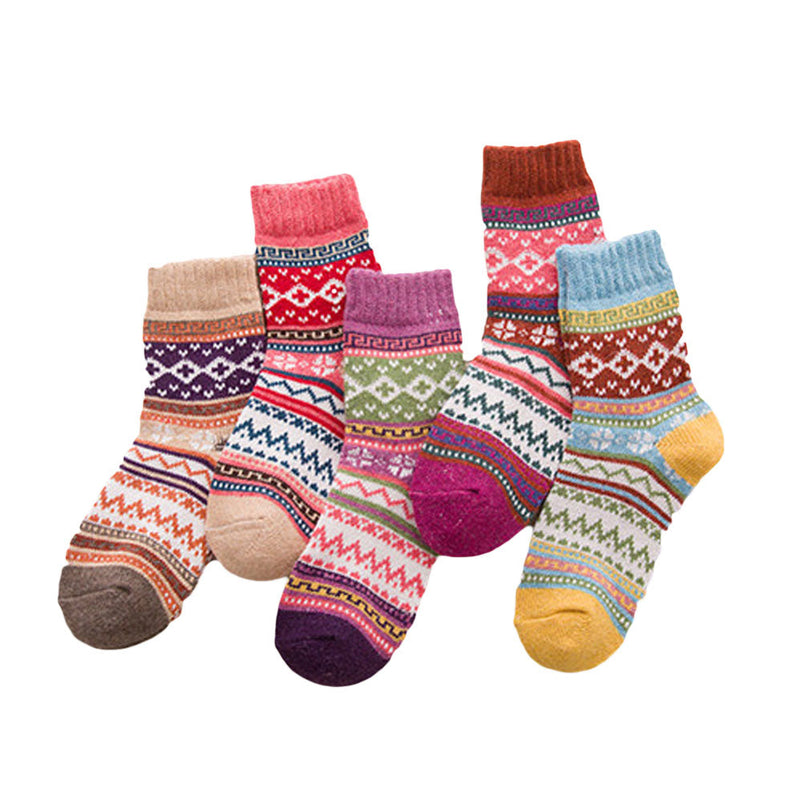 Anyfootwear 5 Pairs One Size 5-9 Mix Color Winter Thick Warm Wool Socks With Colorful Fashionable And Casual Euramerican National Wind-Flowers Sock