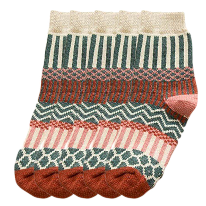 Anyfootwear 5 Pairs Size 5-9 Fashion Socks Colorful Wind-Flowers Cotton Winter Thick Warm Wool Casual for Women White