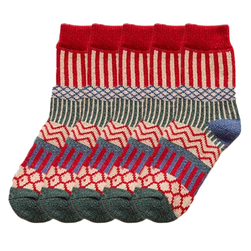 Anyfootwear 5 Pairs Size 5-9 Fashion Socks Colorful Wind-Flowers Cotton Winter Thick Warm Wool Casual for Women Red