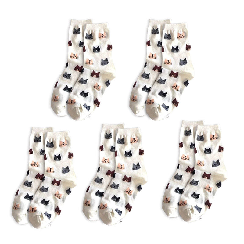 Anyfootwear 5 Pairs White Cat Size 5-9 Fashion Socks High Quality Office Sports Bussiness Long Socks Cotton Solid Colors Skateboard Knitted Casual
