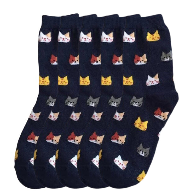 Anyfootwear 5 Pairs Navy Blue Cat Size 5-9 Fashion Socks High Quality Office Sports Bussiness Long Socks Cotton Solid Colors Skateboard Knitted Casual