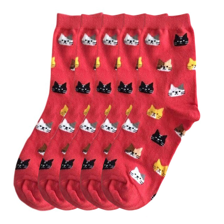 Anyfootwear 5 Pairs Red Cat Size 5-9 Fashion Socks High Quality Office Sports Bussiness Long Socks Cotton Solid Colors Skateboard Knitted Casual