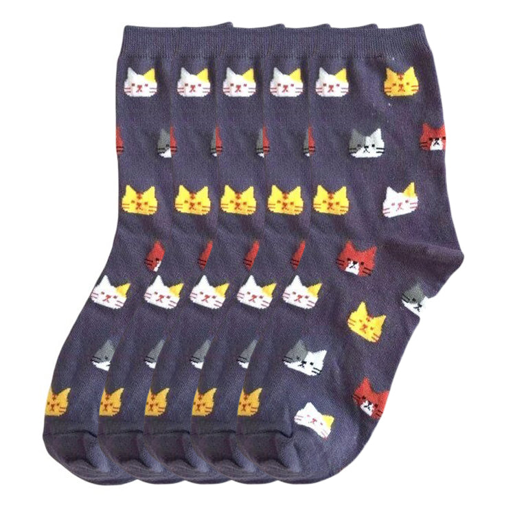 Anyfootwear 5 Pairs Grey Cat Size 5-9 Fashion Socks High Quality Office Sports Business Long Socks Cotton Solid Colors Skateboard Knitted Casual 1
