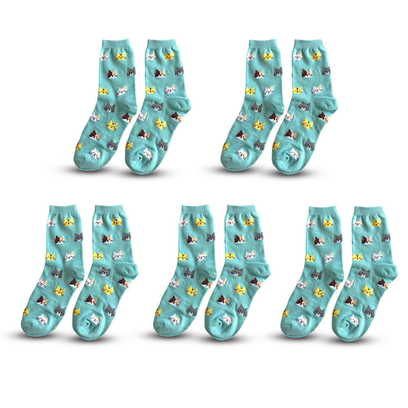 Anyfootwear 5 Pairs Sky Blue Cat Size 5-9 Fashion Socks High Quality Office Sports Bussiness Long Socks Cotton Solid Colors Skateboard Knitted Casual