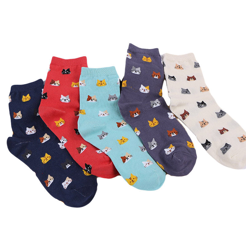 Anyfootwear 5 Pairs One Size 5-9 Mix Colour Cartoon Animal Cute Cat Ankle Short Casual Girl With Thick Warm Cotton Socks for Holiday Gifts