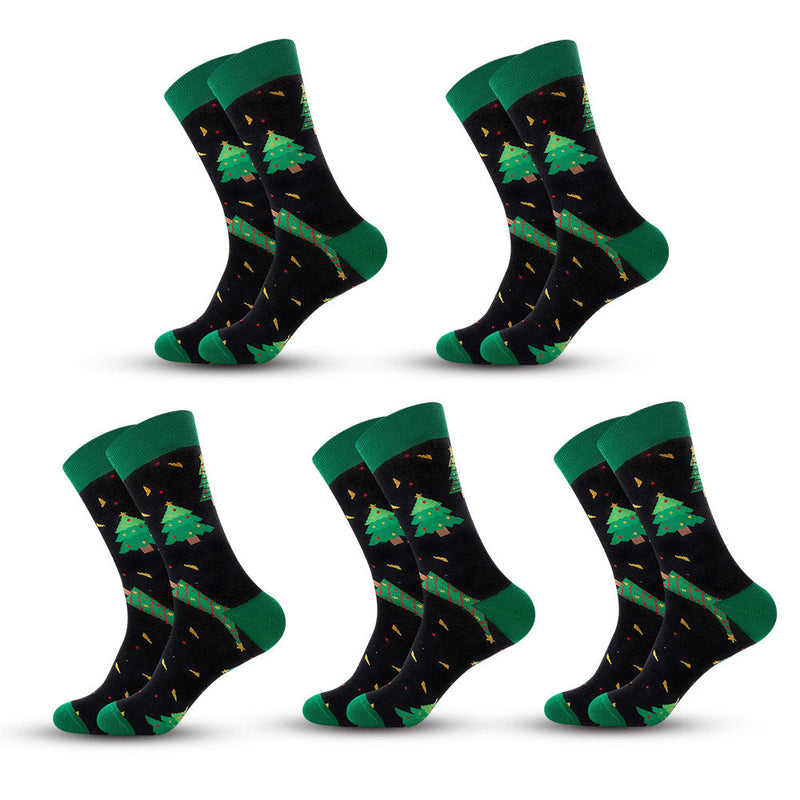 Anyfootwear  5 Pairs Black Green Size 5-13 Socks Winter Holiday Design Plus Snowflake Stocking Comfortable To Wear Perfect For Men