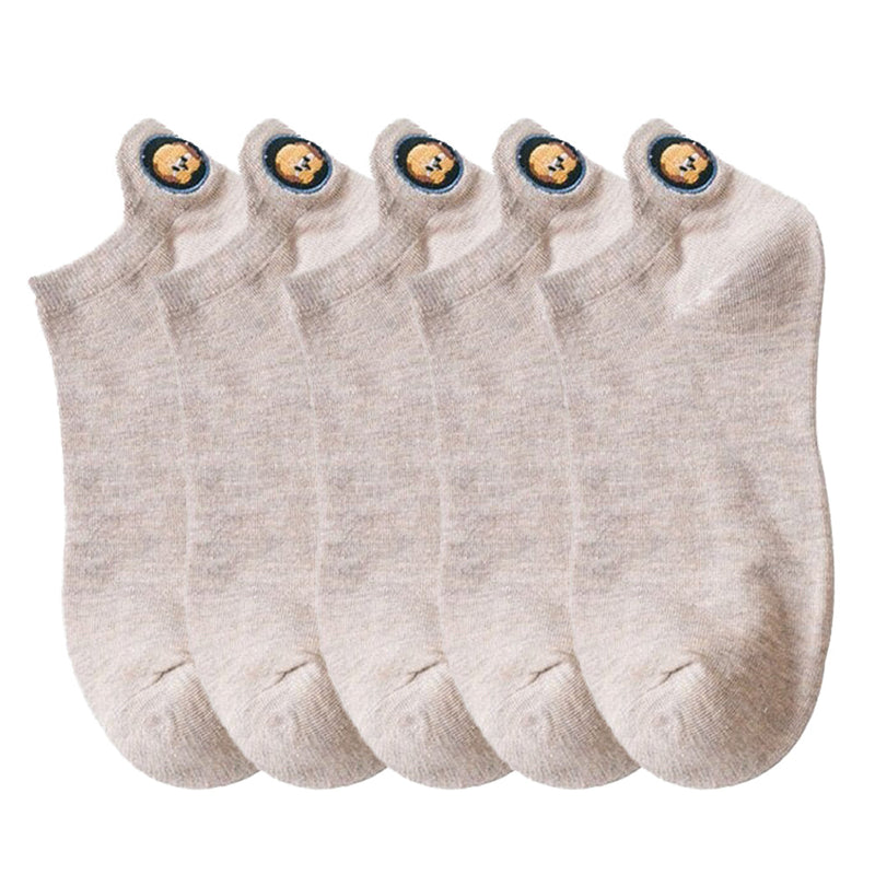 Anyfootwear 5 Pairs One Size 4-5 Khaki Fashion Funny Unisex Stereoscopic Heel Embroidered Women Candy Color Cotton Short Cute Socks