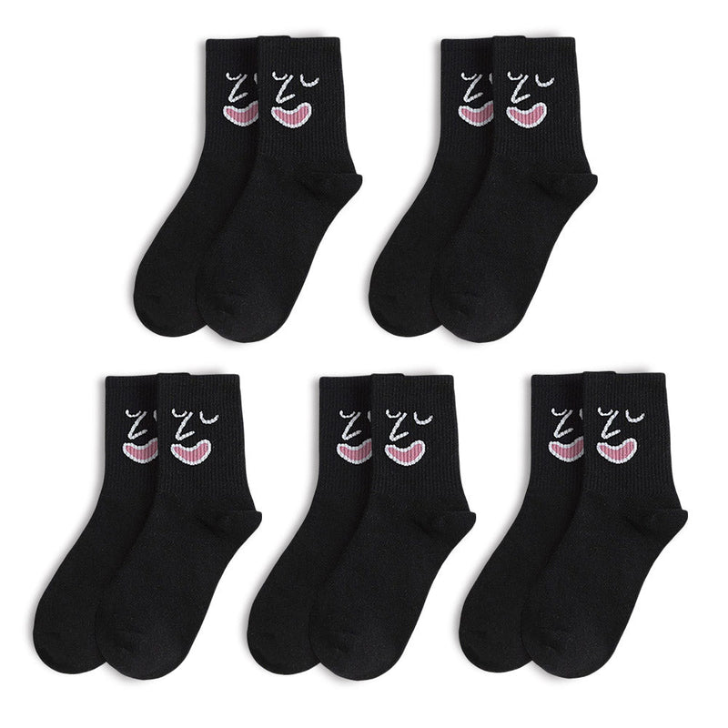 Anyfootwear 5 Pairs One Size 5-9 Black Unisex Wacky Expressions Style Trend Surprise Socks With Candy Colors Funny, Kawaii, Happy Girls Socks For Women